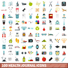 100 health journal icons set, flat style