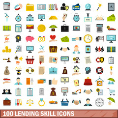 100 lending skill icons set, flat style