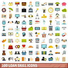 100 loan skill icons set, flat style