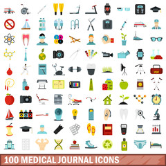 100 medical journal icons set, flat style