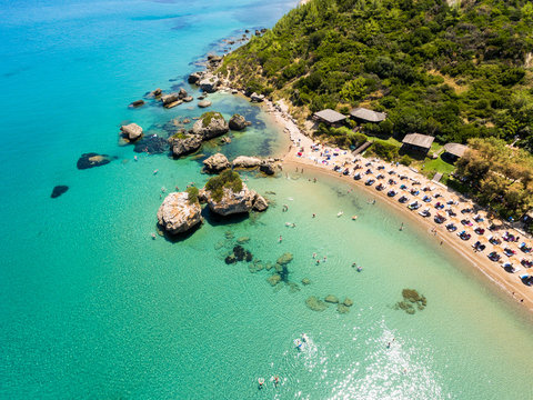 Aerial  view of Porto Zorro  Azzurro beach in Zakynthos (Zante) island, in Greece