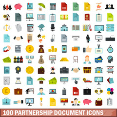 100 partnership document icons set, flat style