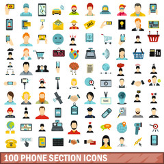 100 phone section icons set, flat style