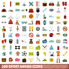100 sport award icons set, flat style