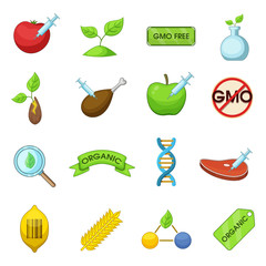 GMO goods icons set, cartoon style