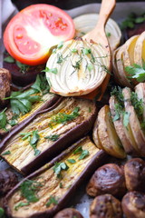 Various vegetables baked in the oven at home kitchen