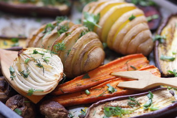 Various vegetables baked in the oven at home kitchen