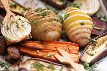 Various vegetables baked in the oven at home kitchen