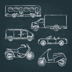 Set of transport sketches on chalkboard
