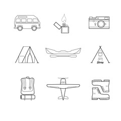 Simple flat tourist icons. Hipster draw of bus, plane, camp, clothes, lighter, photo camera 
