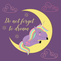 card with unicorn on the moon  - vector illustration, eps