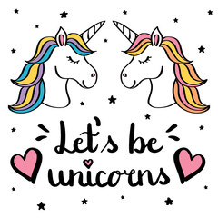 Let s be unicorns hand writing text with pair of unicorn drawing isolated on white