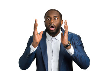 Man with wide opened mouth. Young businessman with emotion of excitement. Facial feelings of...