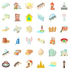Big construction icons set, cartoon style