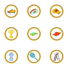 Tennis icons set, cartoon style