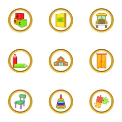 Kindergarten icons set, cartoon style