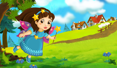 Cartoon background of fairy flying in the forest near the village - illustration for children