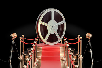 Naklejka premium Podium with film reel, presentation concept. 3D rendering
