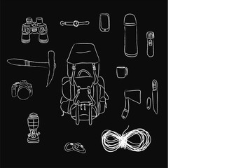 Flat lay of tourist items: rope, backpack, knives, camera, binoculars, watch, flask, mug, axe, torch, carabiner, lamp, phone. White charcoal on black background, hand drawn vector illustration. 