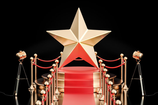 Podium with golden star, 3D rendering