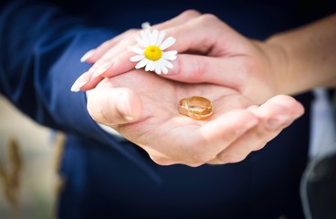 Groom and bride holding their wedding rings