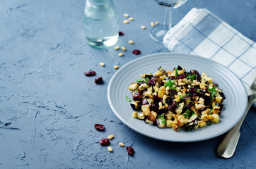 Eggplant pine nuts parsley dried cranberries salad