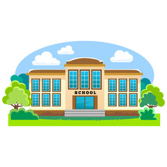 modern school buildings exterior, student city concept, elementary school facade urban street background, icon vector illustration