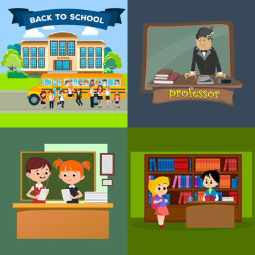Back to school set of pictographs, childrens life newspaper and library, boys basketball girls cheerleader team, teacher with pupils at class, professor lecture college, building vector illustration