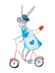 Watercolor illustration of bunny girl wearing dress and a handbag riding a bike drawn on paper