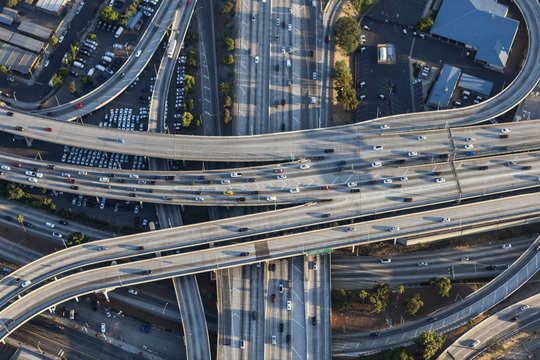 Aerial of Harbor 110 and Santa Monica 10 freeway interchange in downtown Los Angeles, California.  