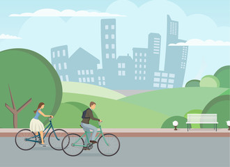 Naklejka premium The icon of cyclists. The pair is riding the bike. The man and woman is riding the bike. City biking. Person rides bike. The elements of transport infrastructure. The concept of active life. 