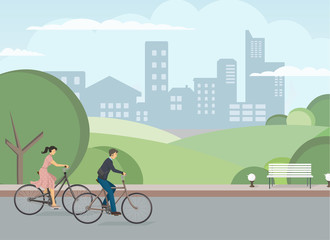 Naklejka premium The icon of cyclists. The pair is riding the bike. The man and woman is riding the bike. City biking. Person rides bike. The elements of transport infrastructure. The concept of active life. 