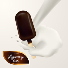 Ice cream Vector illustration Poster in realistic style with ice cream and milk splash and space for logo Classic chocolate ice cream on stick on white background