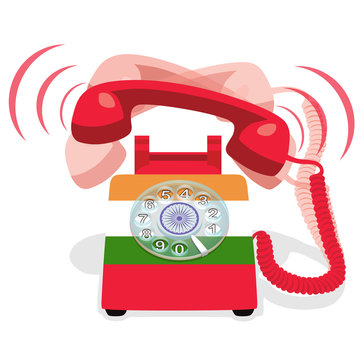 Ringing red stationary phone with rotary dial and with flag of India