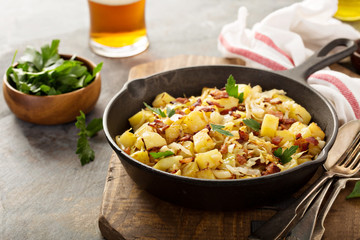 Fall side dish with fried cabbage, potatoes and bacon
