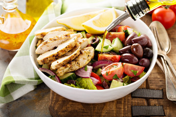 Grilled chicken and fresh vegetables chopped salad