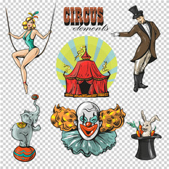 Traveling chapiteau circus retro cartoon icons collection with tent and trained wild animals