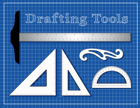 Drafting Tools for Architecture, Engineers, Science and Math, T square, 45 degree triangle, 60 degree triangle, French Curve, protractor, blueprint background.