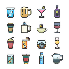 drink alcohol coffee softdrink juice line icon set vector vintage style color