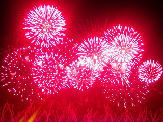 Fireworks light up the sky with dazzling display, the concept of the celebration of the event. The work of pyrotechnics in the sky, colorful fireworks in a dark sky, night