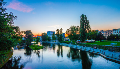Old Town and granaries by the Brda River at night. Bydgoszcz. Poland