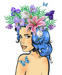 Beautiful feminine girl with butterfly and flower wreath looking back