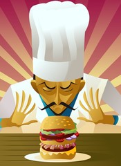 white hat chef cooking a gourmet double burger