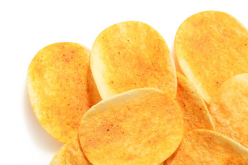 close up of hot and spicy flavor crispy potato chips on isolated white background and clipping path