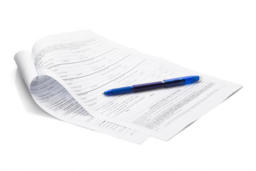 Blue color pen on form document isolated on white background with clipping path. ready to use. - obrazy, fototapety, plakaty