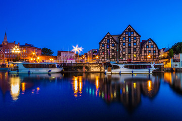 Old Town and granaries by the Brda River at night. Bydgoszcz. Poland
