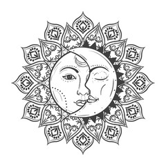 Sun eclipse concept. Vector illlustration of astronomy and astrology symbol. Vintage, boho, gypsy style.