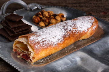 Cherry strudel with hazelnut and chocolate