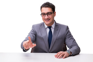 Young businessman pressing virtual buttons isolated on white bac