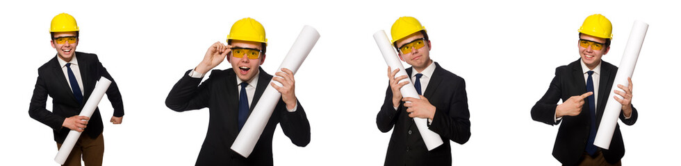 Funny architect with drawings on white